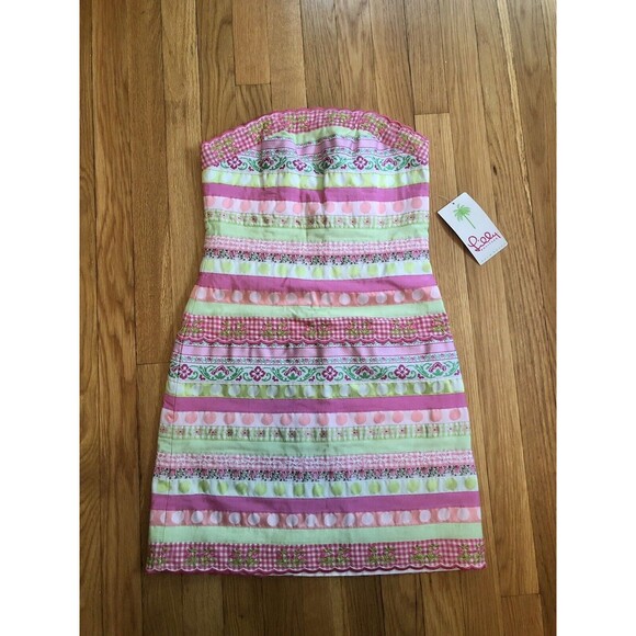 NWT Lilly Pulitzer Palm Beach Flirty Mini Ribbon Dress Pink Green Strapless 2 - Picture 1 of 6